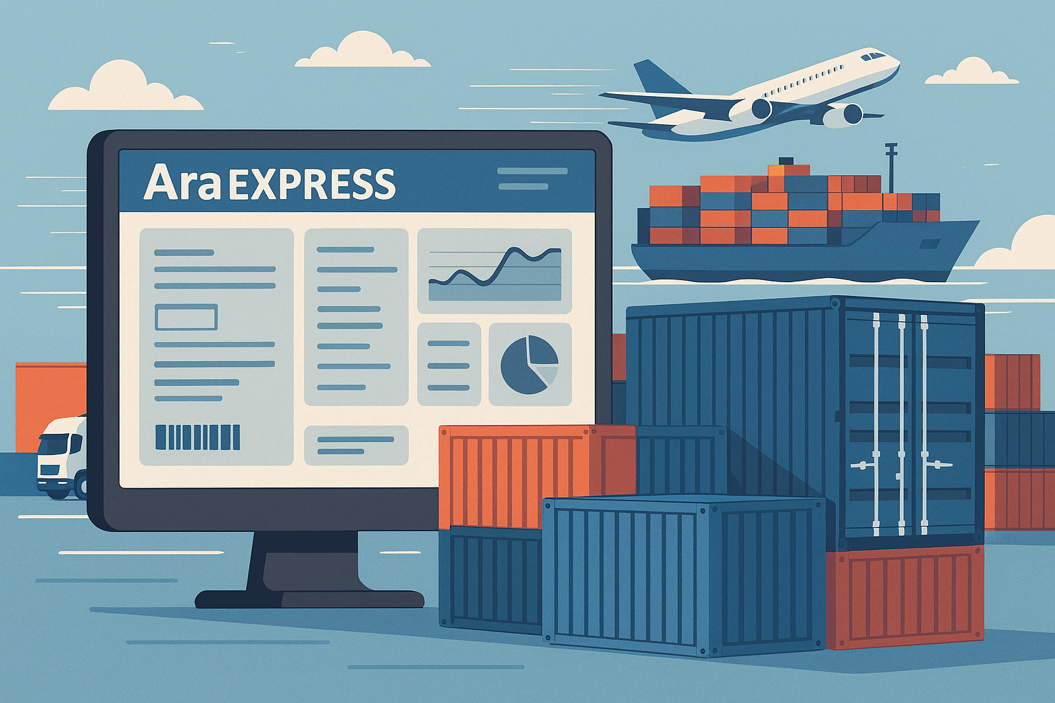 نمایش نرم‌افزار AraEXPRESS با پس‌زمینه حمل‌ونقل کانتینری.
