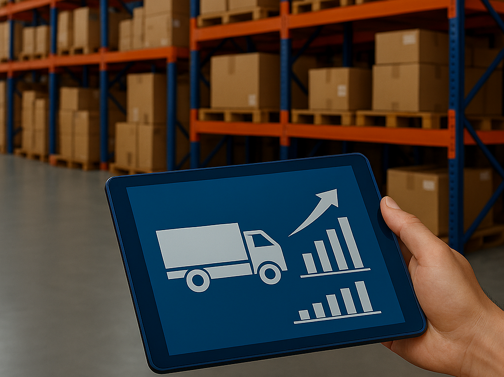 نمای داخلی یک انبار صنعتی با قفسه‌های فلزی پر از جعبه‌های مقوایی و یک تبلت در دست کاربر که نمودار و تصویر کامیون را نمایش می‌دهد، نماد تحول دیجیتال در مدیریت انبار