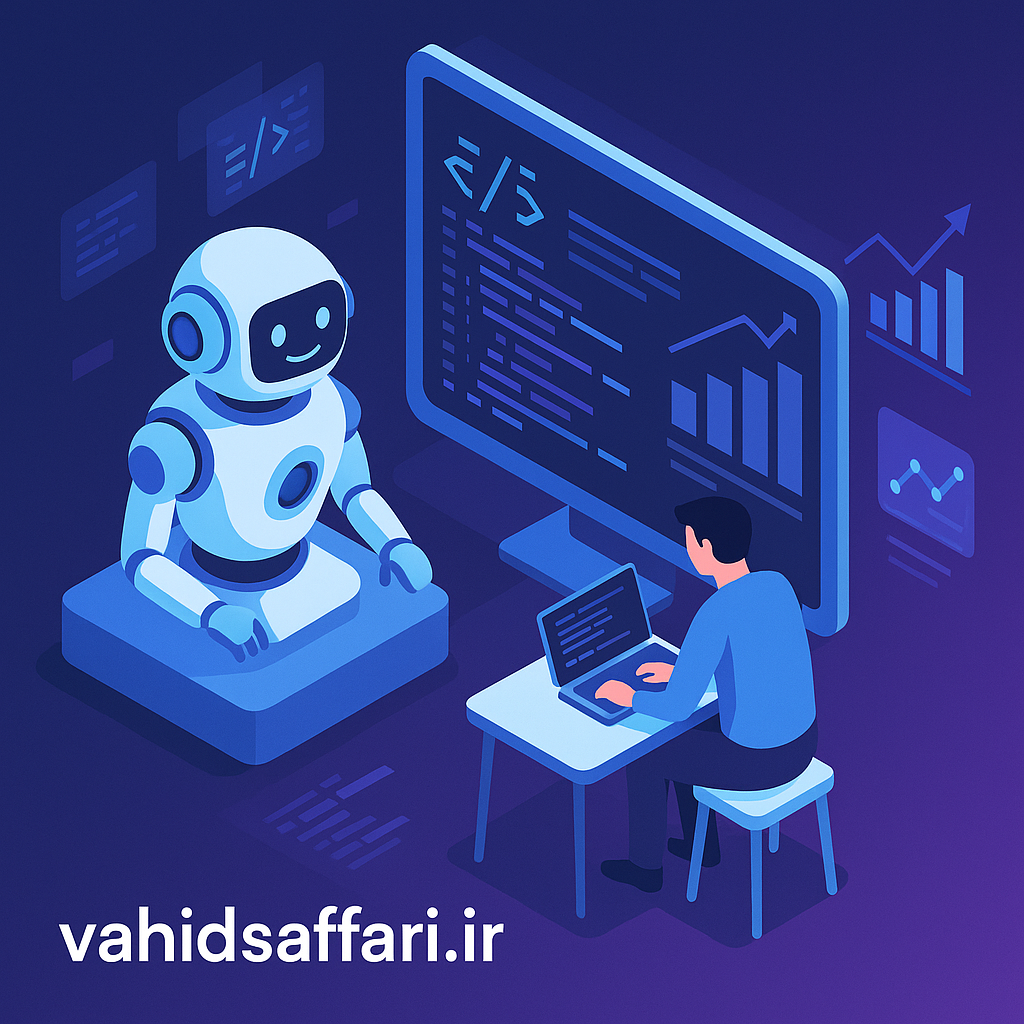 تصویر هوش مصنوعی در حال کمک به برنامه‌نویس برای بهبود سرعت کدنویسی - vahidsaffari.ir