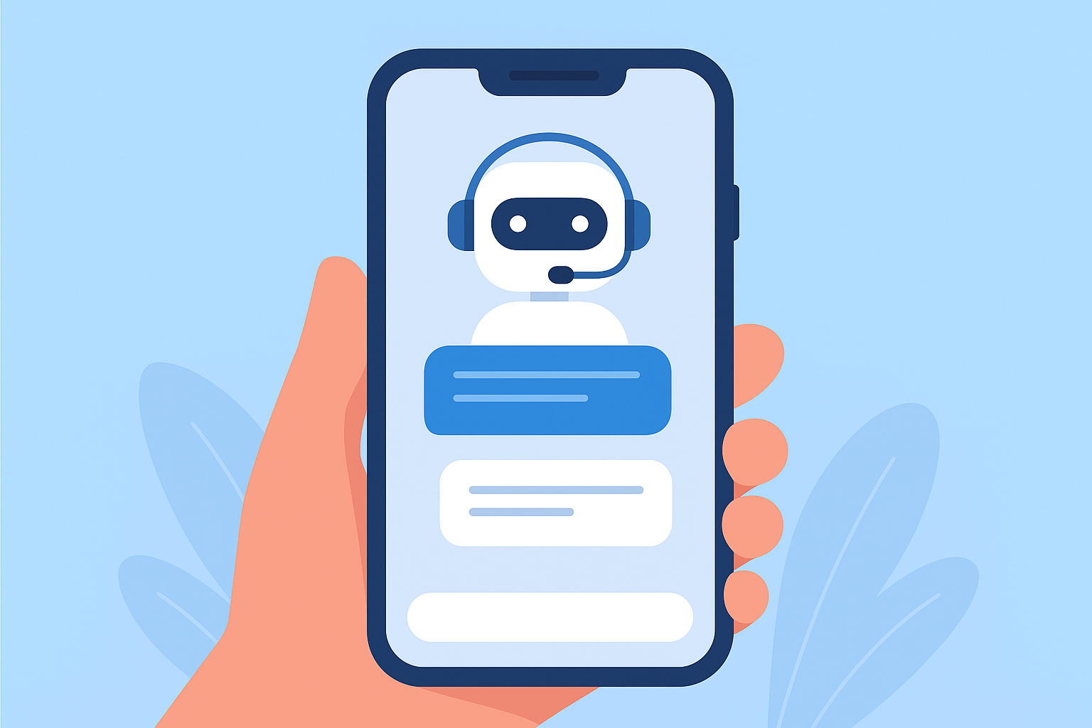 تصویر مفهومی طراحی چت‌بات قدرتمند روی گوشی هوشمند با ربات گفتگو و پیام‌های متنی