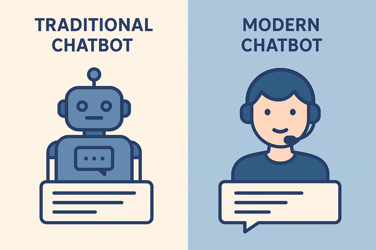 مقایسه چت‌بات سنتی و مدرن، سمت چپ ربات ساده با پیام کوتاه و سمت راست انسان با هدست و پیام کوتاه