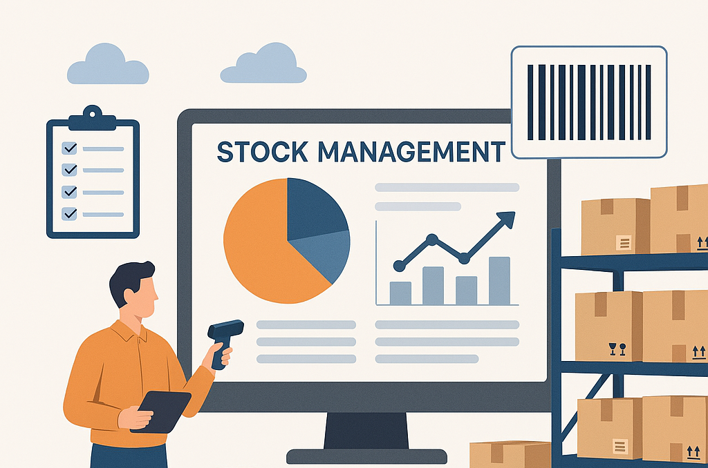 "نمایی از انبار مدرن با قفسه‌های کالا، اپراتور با بارکدخوان، و نرم‌افزار مدیریت موجودی روی مانیتور"