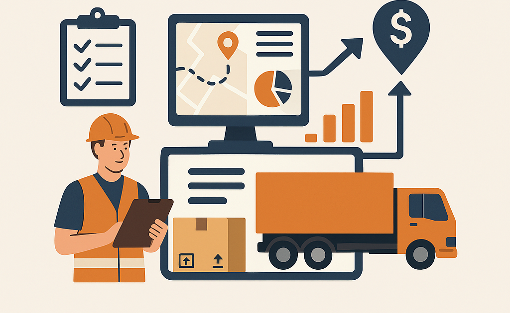 اینفوگرافیک فارسی درباره کاهش هزینه‌های زنجیره تأمین با نرم‌افزار لجستیک، شامل تصویر کارگر انبار، کامیون حمل‌ونقل، نمودارهای تحلیلی و نقشه مسیر حمل کالا