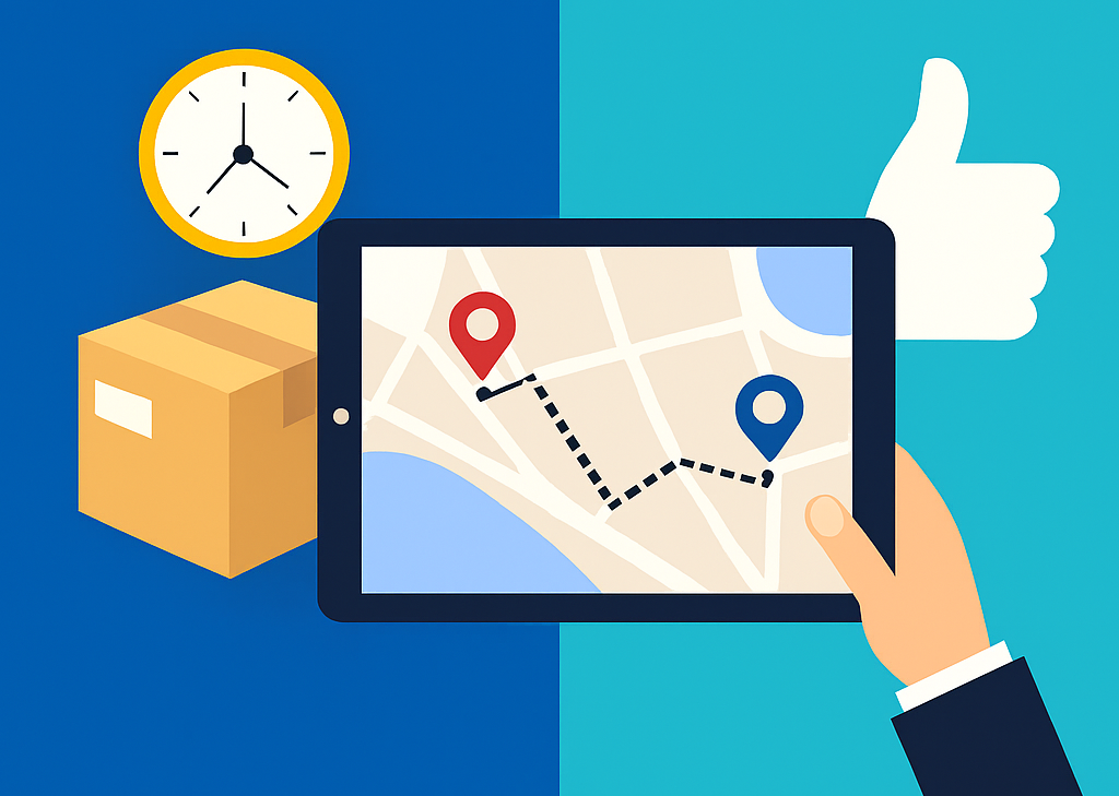 alt="کاهش زمان تحویل با نرم‌افزار زنجیره تامین در صنعت لجستیک، همراه با نقشه مسیر، جعبه بسته‌بندی و نماد تأیید کیفیت"