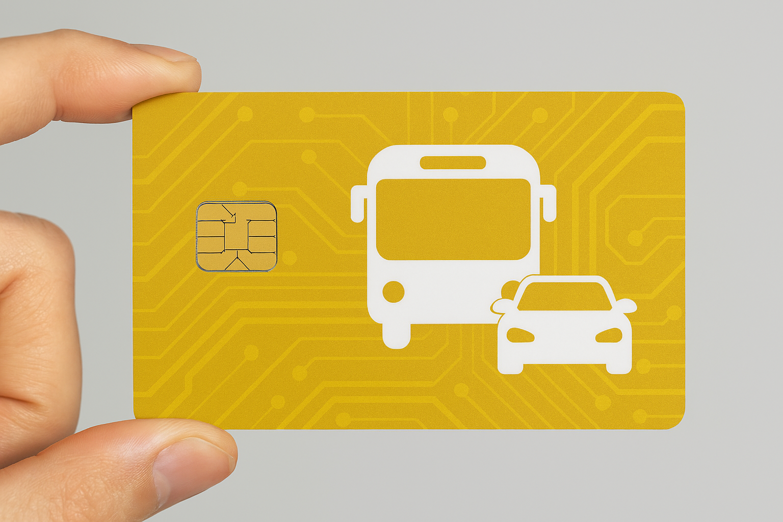 تصویر کارت هوشمند حمل و نقل عمومی با تراشه دیجیتال و نماد اتوبوس و خودرو، مناسب برای شناسایی رانندگان در سامانه‌های نظارتی