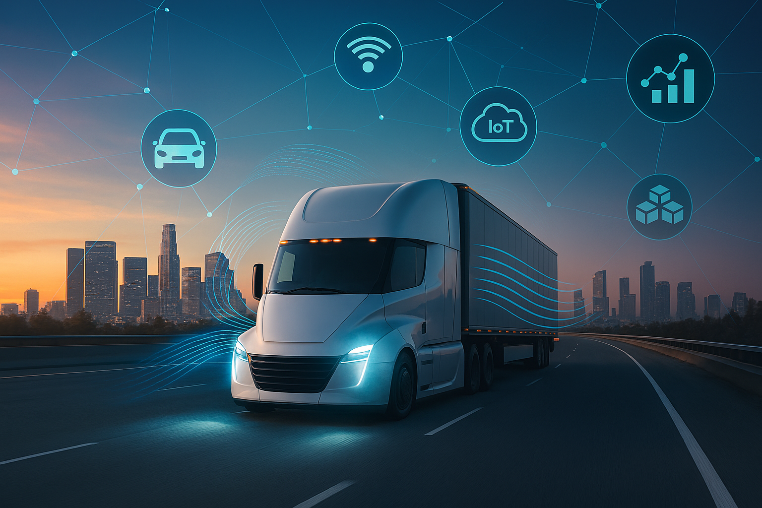 کامیون خودران در بزرگراه شهری با نمادهای فناوری مانند اینترنت اشیا، هوش مصنوعی و تحلیل داده‌ها در آسمان، نشان‌دهنده حمل‌ونقل هوشمند و آینده لجستیک