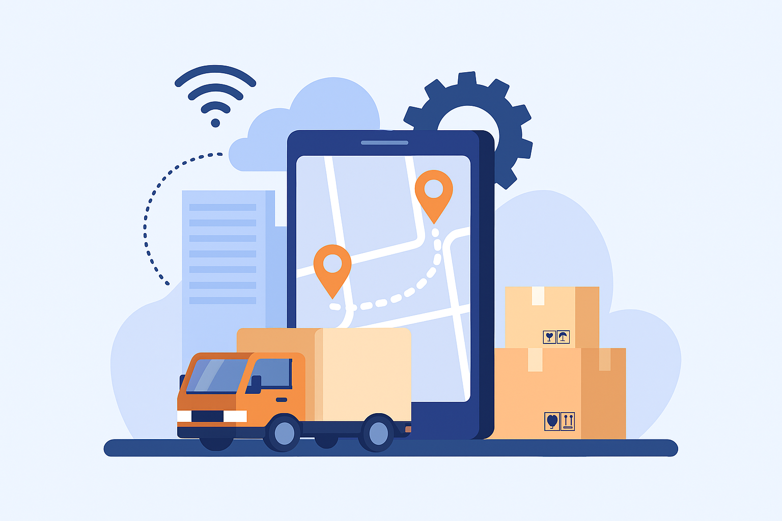 تصویر مفهومی از سامانه حمل و نقل هوشمند شامل کامیون، جعبه‌های بسته‌بندی، نقشه دیجیتال و نمادهای فناوری مانند وای‌فای و چرخ‌دنده
