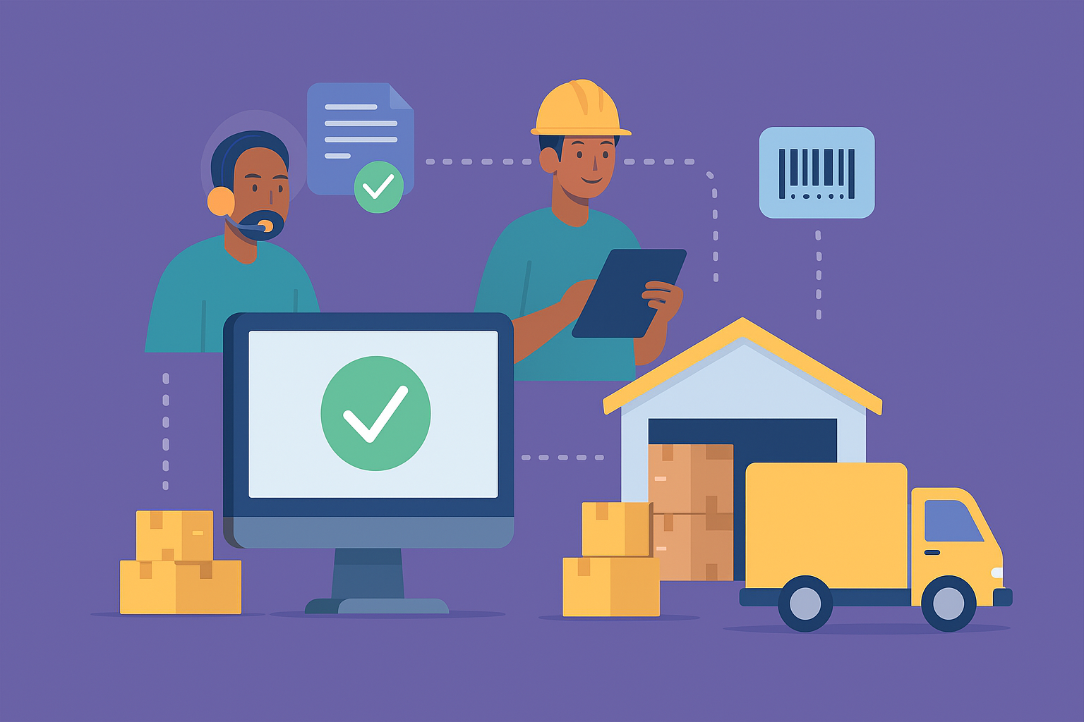 alt="تصویری از یکپارچه‌سازی مدیریت بارنامه و انبار با نرم‌افزار آرا اکسپرس شامل اپراتور، انباردار، کامیون و نمادهای دیجیتال