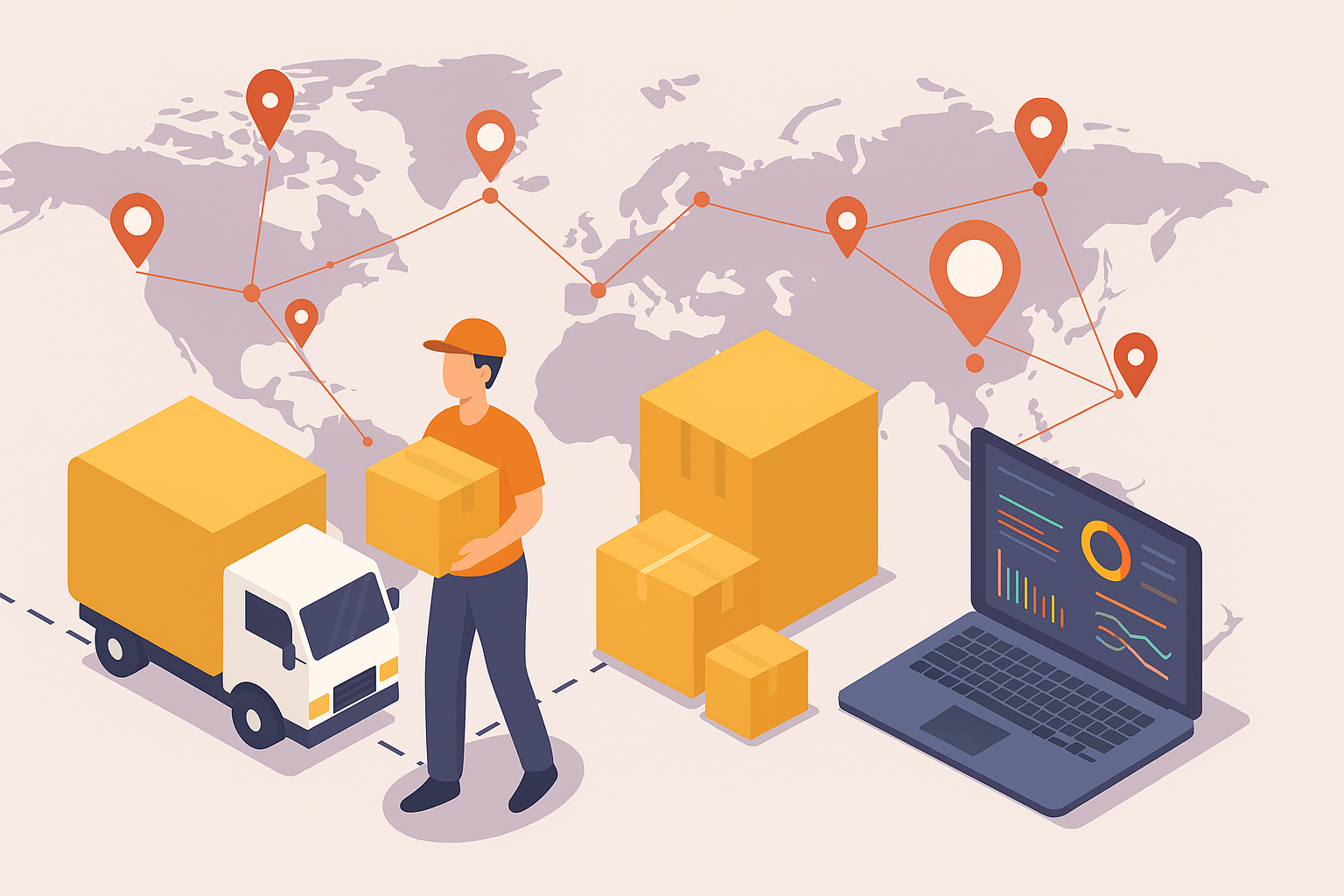 نرم‌افزار حمل و نقل آرا اکسپرس، مدیریت لجستیک دیجیتال، کامیون، کارگر حمل بار، نقشه جهانی با مسیرهای حمل و نقل، داشبورد نرم‌افزار لجستیکی