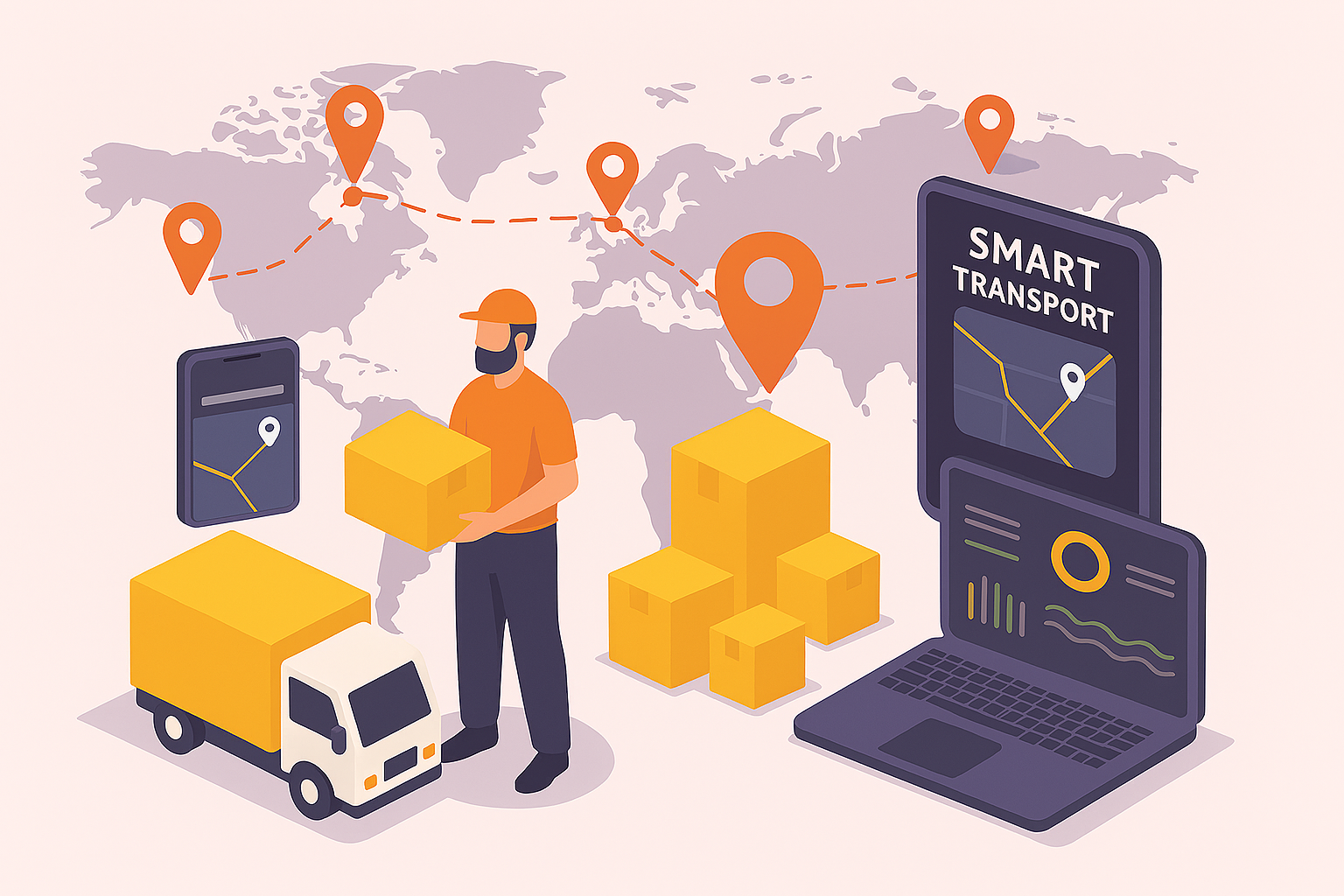 تصویر نرم‌ افزار لجستیک شامل کامیون حمل بار، کارگر انبار، نقشه جهانی، مسیرهای حمل و نقل هوشمند و داشبورد دیجیتال مدیریت لجستیک