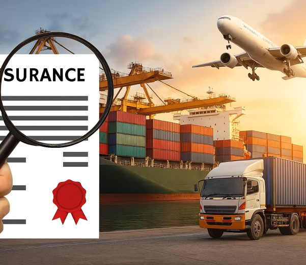 تصویری از حمل‌ونقل بین‌المللی شامل کشتی باربری، هواپیما، کامیون و سند بیمه با نماد امنیت در غروب آفتاب