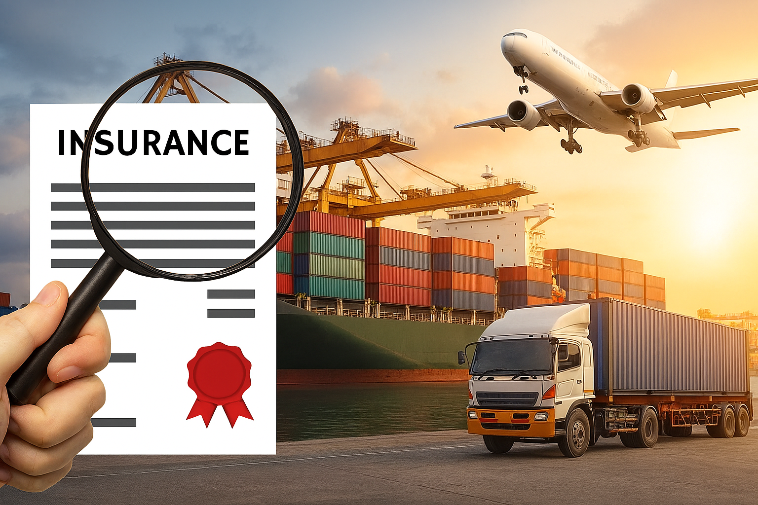 تصویری از حمل‌ونقل بین‌المللی شامل کشتی باربری، هواپیما، کامیون و سند بیمه با نماد امنیت در غروب آفتاب