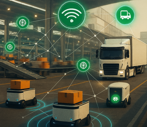 ترمینال حمل‌ونقل هوشمند با ربات‌های باربری خودکار، کامیون خودران و نمادهای دیجیتال سبز که ارتباط بین اجزای سیستم را نشان می‌دهند، همراه با متن فارسی 'هوش مصنوعی در سیستم حمل و نقل هوشمند؛ رویا یا واقعیت؟