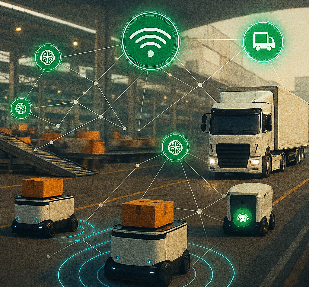 ترمینال حمل‌ونقل هوشمند با ربات‌های باربری خودکار، کامیون خودران و نمادهای دیجیتال سبز که ارتباط بین اجزای سیستم را نشان می‌دهند، همراه با متن فارسی 'هوش مصنوعی در سیستم حمل و نقل هوشمند؛ رویا یا واقعیت؟