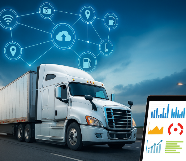 تصویر یک کامیون سفید در حال حرکت در بزرگراه، با نمادهای اینترنت اشیا (IoT) شناور در آسمان که با خطوط نورانی به هم متصل شده‌اند. در گوشه تصویر، یک تبلت دیجیتال با نمودارهای رنگی مربوط به مدیریت ناوگان و بارنامه الکترونیکی دیده می‌شود. تصویر نشان‌دهنده استفاده از فناوری‌های نوین در صنعت حمل‌ونقل برای افزایش بهره‌وری و کاهش هزینه‌هاست