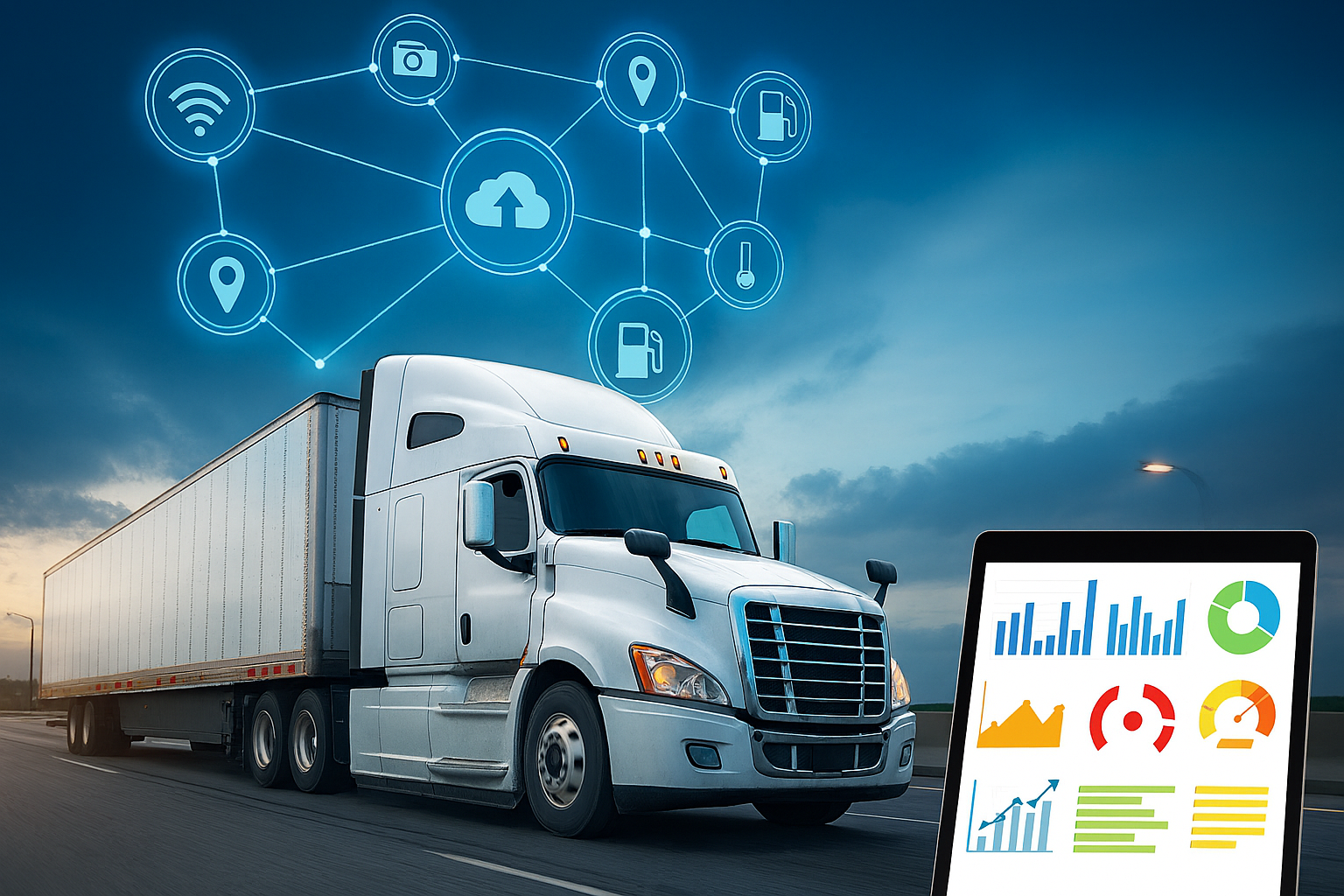 تصویر یک کامیون سفید در حال حرکت در بزرگراه، با نمادهای اینترنت اشیا (IoT) شناور در آسمان که با خطوط نورانی به هم متصل شده‌اند. در گوشه تصویر، یک تبلت دیجیتال با نمودارهای رنگی مربوط به مدیریت ناوگان و بارنامه الکترونیکی دیده می‌شود. تصویر نشان‌دهنده استفاده از فناوری‌های نوین در صنعت حمل‌ونقل برای افزایش بهره‌وری و کاهش هزینه‌هاست