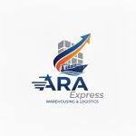 "لوگوی شرکت حمل و نقل و لجستیک (آرا اکسپرس)ARA Express، شامل کشتی، کانتینر و فلش رو به بالا، خدمات انبارداری و ترابری"