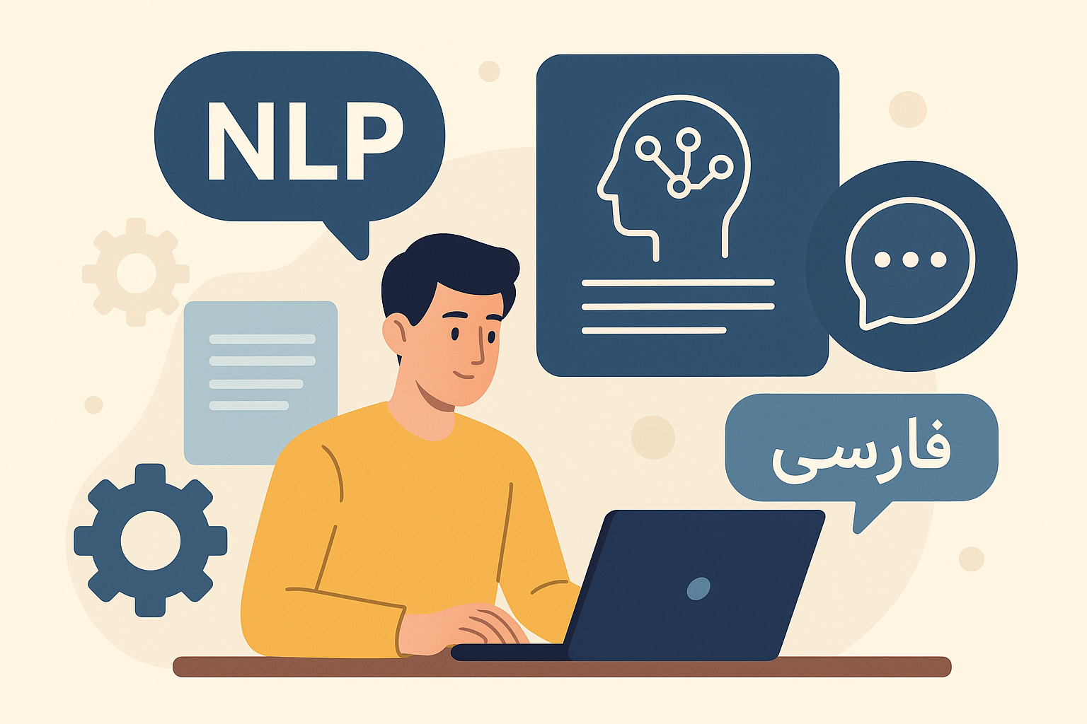 تصویر وکتوری از مردی در حال کار با لپ‌تاپ برای ساخت مدل NLP فارسی، همراه با آیکون‌هایی از مغز هوش مصنوعی، حباب گفتار و واژه فارسی "NLP" در پس‌زمینه