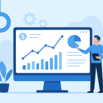 نمایی از یک داشبورد فروش روی مانیتور با نمودار خطی و ستونی، همراه با فردی که در حال تحلیل داده‌های فروش است