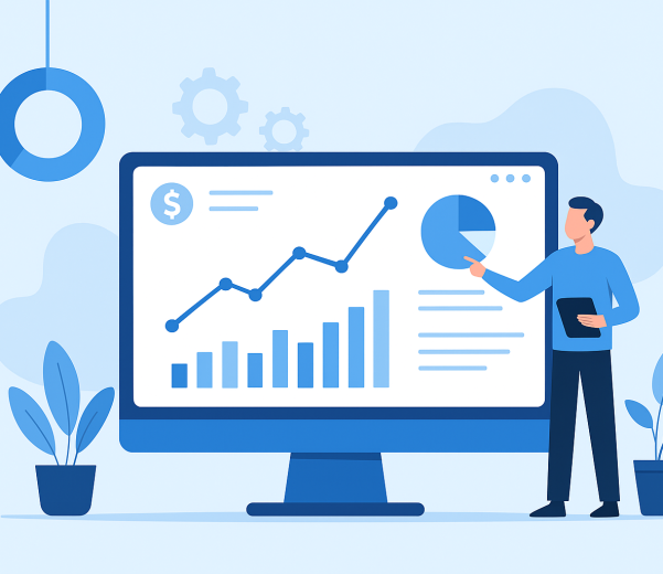 نمایی از یک داشبورد فروش روی مانیتور با نمودار خطی و ستونی، همراه با فردی که در حال تحلیل داده‌های فروش است