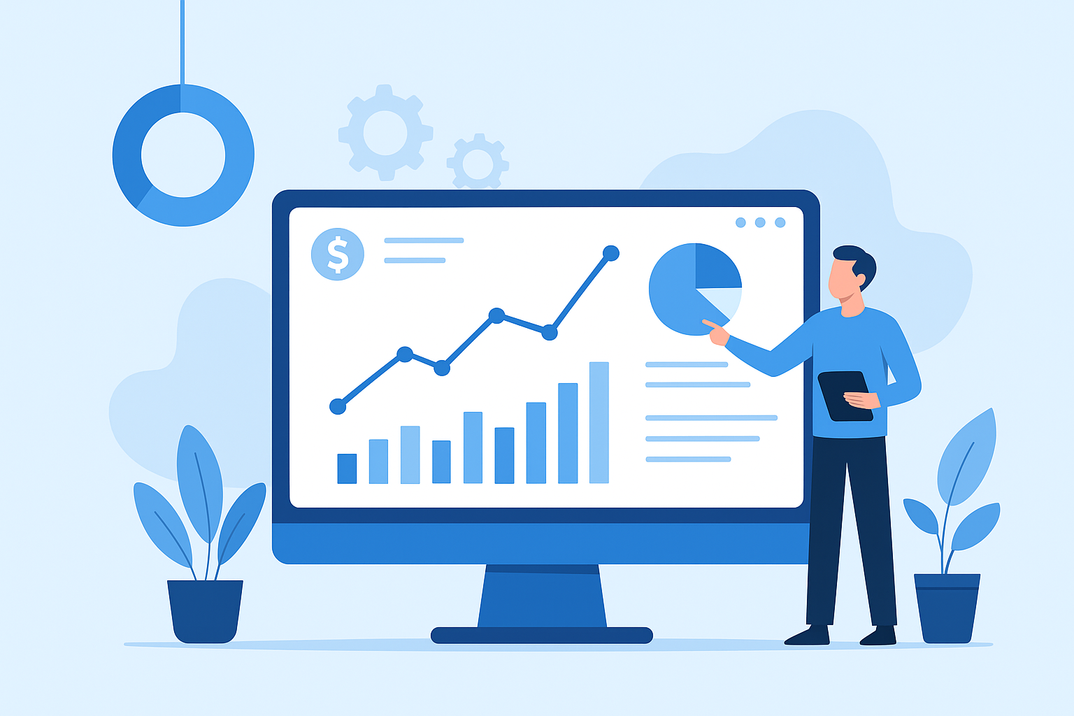 نمایی از یک داشبورد فروش روی مانیتور با نمودار خطی و ستونی، همراه با فردی که در حال تحلیل داده‌های فروش است