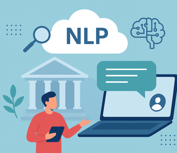 تصویر مفهومی از کاربرد هوش مصنوعی و پردازش زبان طبیعی در بانکداری دیجیتال؛ تعامل کاربر با سیستم بانکی هوشمند و تحلیل داده‌های زبانی