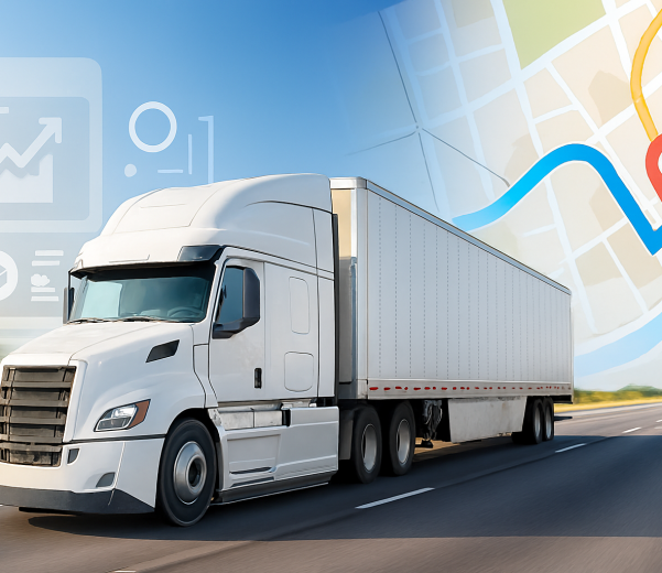 "نمایی از کامیون در حال حرکت روی جاده با نقشه دیجیتال و نمادهای GPS، مرتبط با نرم‌افزار حمل‌ونقل آرا اکسپرس"