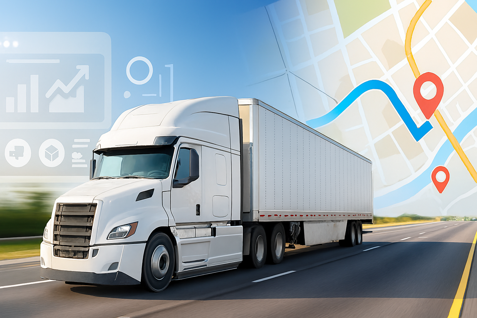 "نمایی از کامیون در حال حرکت روی جاده با نقشه دیجیتال و نمادهای GPS، مرتبط با نرم‌افزار حمل‌ونقل آرا اکسپرس"