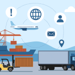 تصویر مفهومی از حمل‌ونقل بین‌المللی شامل کشتی باری، هواپیمای باربری، کامیون و نمادهای دیجیتال برای مدیریت لجستیک با راه‌حل‌های نرم‌افزاری