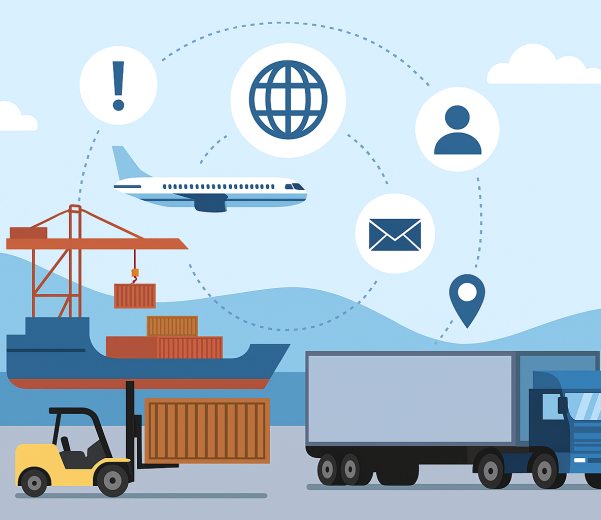 تصویر مفهومی از حمل‌ونقل بین‌المللی شامل کشتی باری، هواپیمای باربری، کامیون و نمادهای دیجیتال برای مدیریت لجستیک با راه‌حل‌های نرم‌افزاری