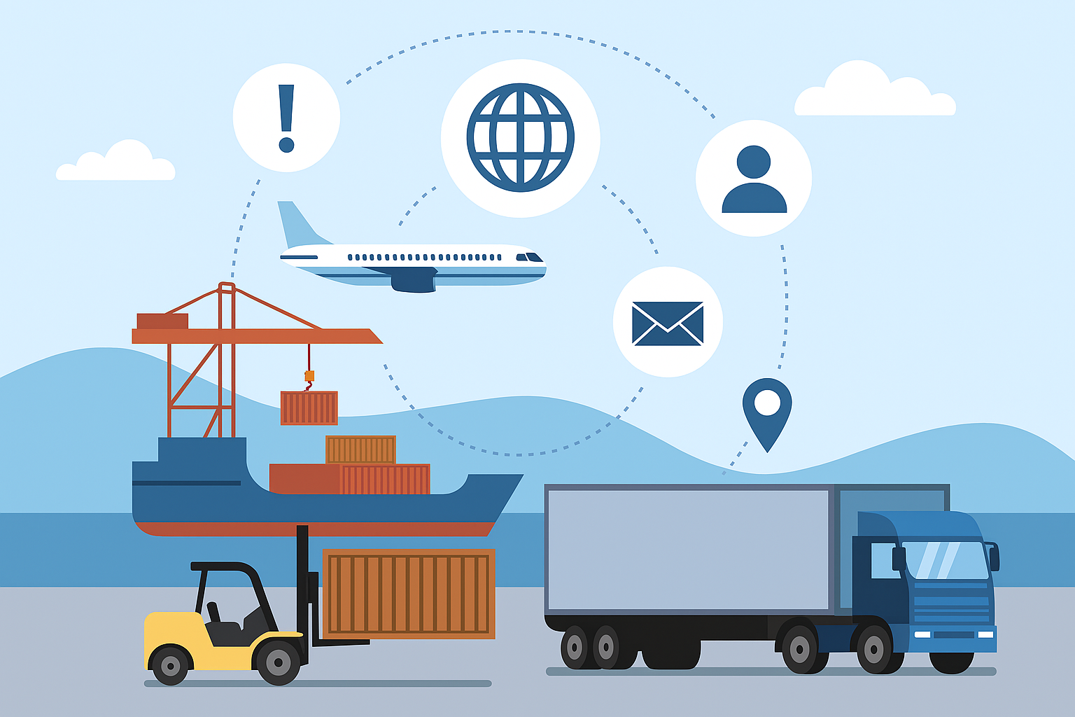 تصویر مفهومی از حمل‌ونقل بین‌المللی شامل کشتی باری، هواپیمای باربری، کامیون و نمادهای دیجیتال برای مدیریت لجستیک با راه‌حل‌های نرم‌افزاری