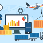 "نمایی مفهومی از فرآیند ترخیص کالا با استفاده از نرم افزار آرا اکسپرس شامل کانتینر، کامیون، هواپیما و ابزارهای دیجیتال"