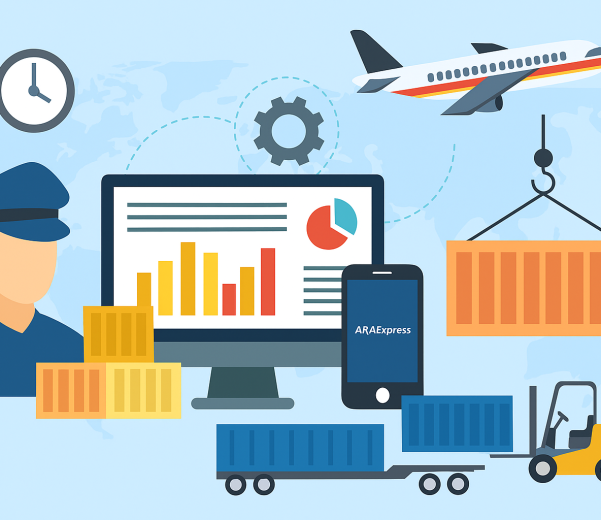 "نمایی مفهومی از فرآیند ترخیص کالا با استفاده از نرم افزار آرا اکسپرس شامل کانتینر، کامیون، هواپیما و ابزارهای دیجیتال"