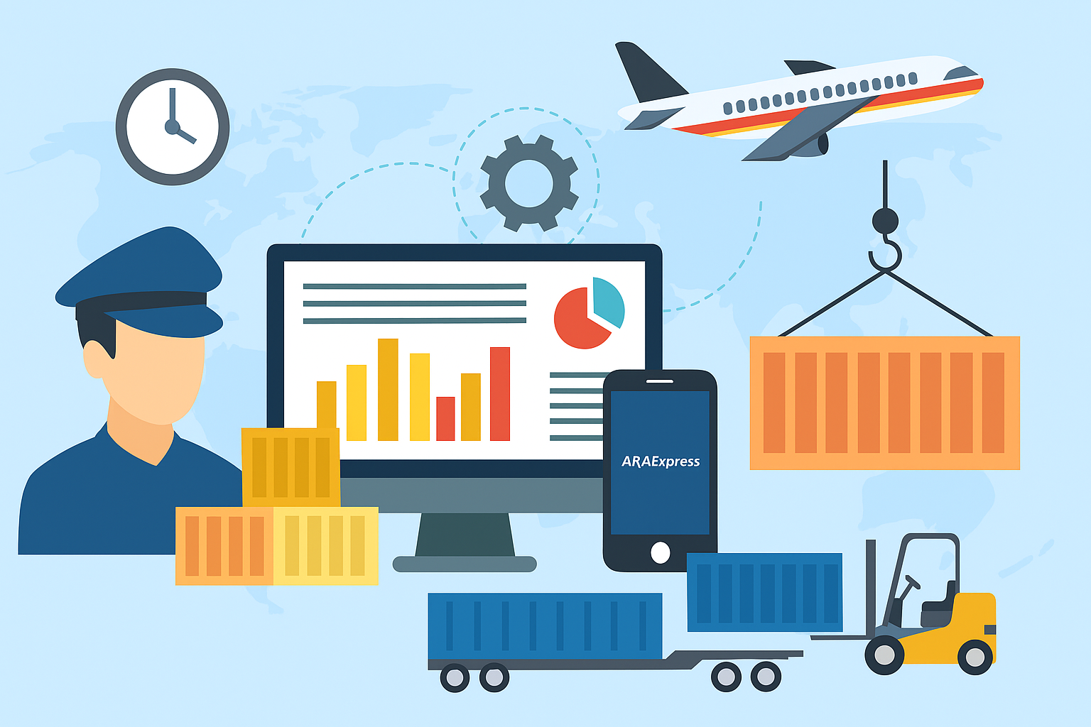 "نمایی مفهومی از فرآیند ترخیص کالا با استفاده از نرم افزار آرا اکسپرس شامل کانتینر، کامیون، هواپیما و ابزارهای دیجیتال"